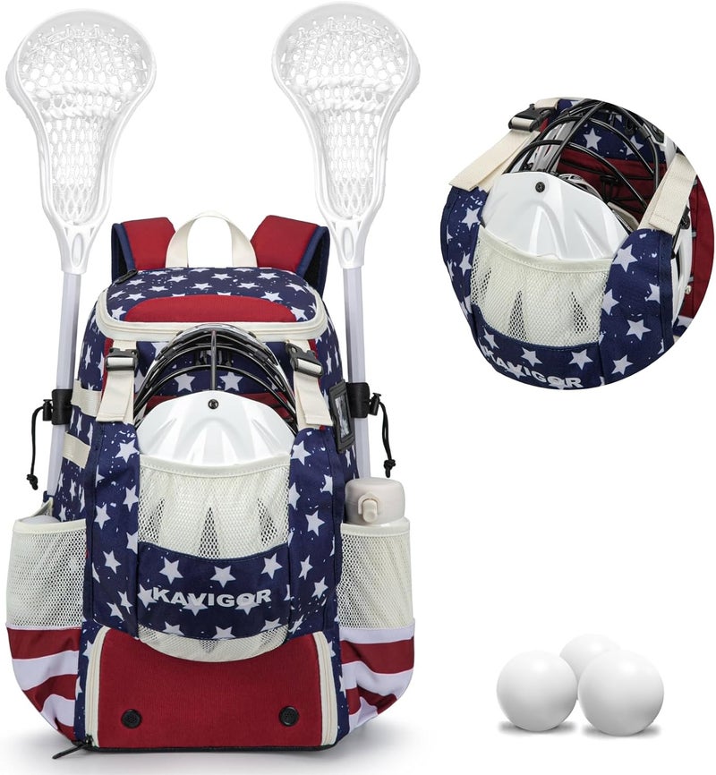 KAVIGOR Lacrosse Bag for Kids and Youth, Lacrosse Backpack with Helmet Holder and Shoes Compartment, Waterproof Field Hockey Gears Bag for Boys & Girls - Image 1